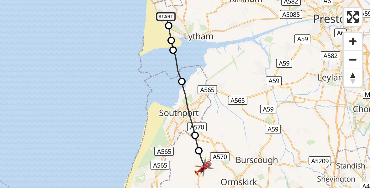 Flight route map: Air Ambulance Helicopter to Halsall, Halsall Manor Court