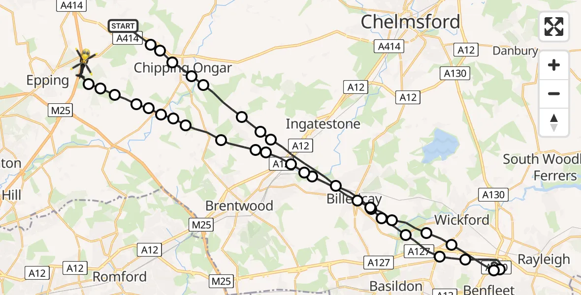 Flight route map: Police Helicopter to Coopersale, M11