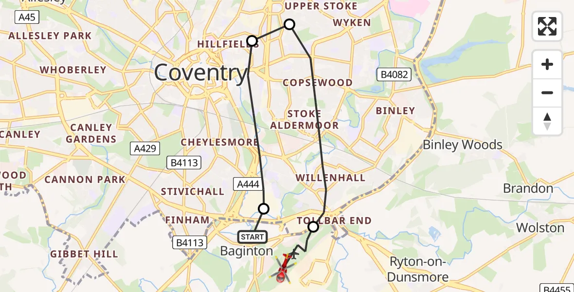 Flight route map: Air Ambulance Helicopter to Coventry Airport, Coventry Airport