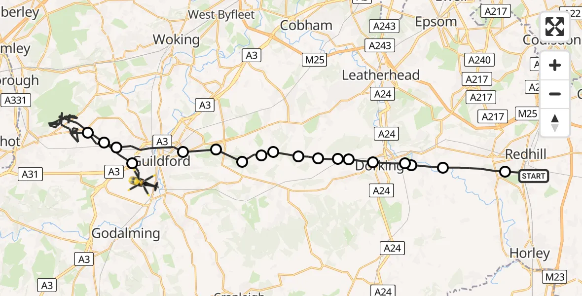 Routekaart van de vlucht: Police Helicopter to Guildford, Sandy Lane