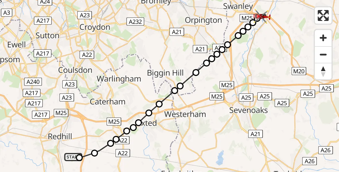 Flight route map: Air Ambulance Helicopter to Farningham, Main Road