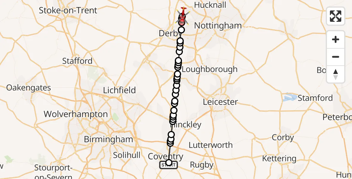 Flight route map: Air Ambulance Helicopter to Smalley CP, Bell Lane