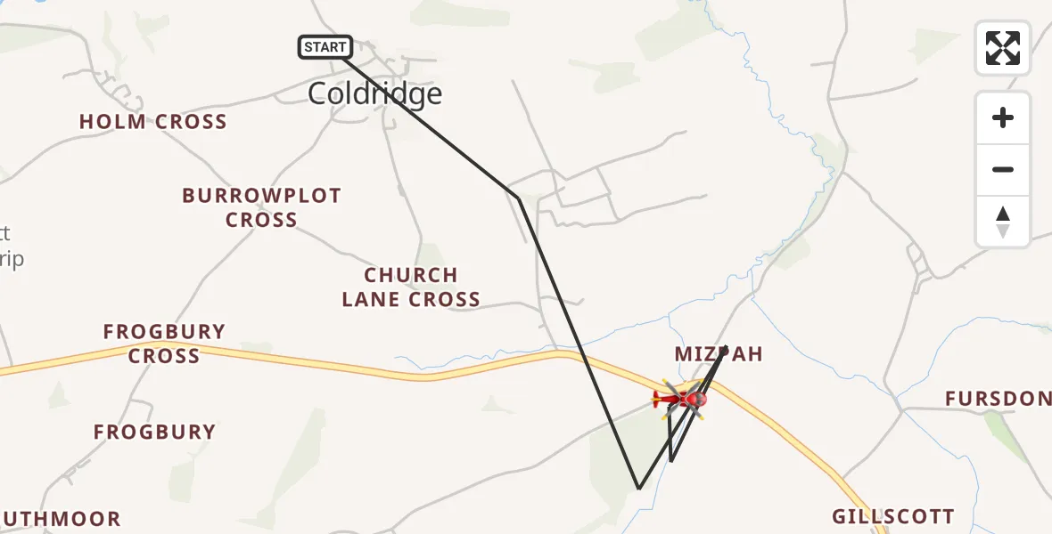 Flight route map: Air Ambulance Helicopter to Coldridge, Coldridge