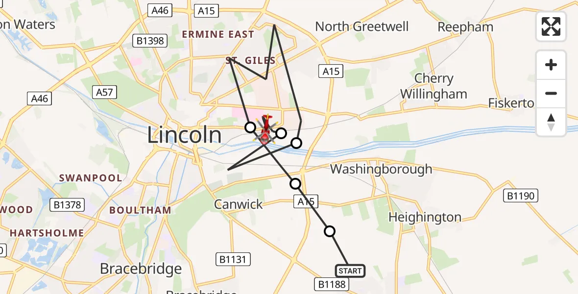 Flight route map: Air Ambulance Helicopter to Lincoln, Monks Road