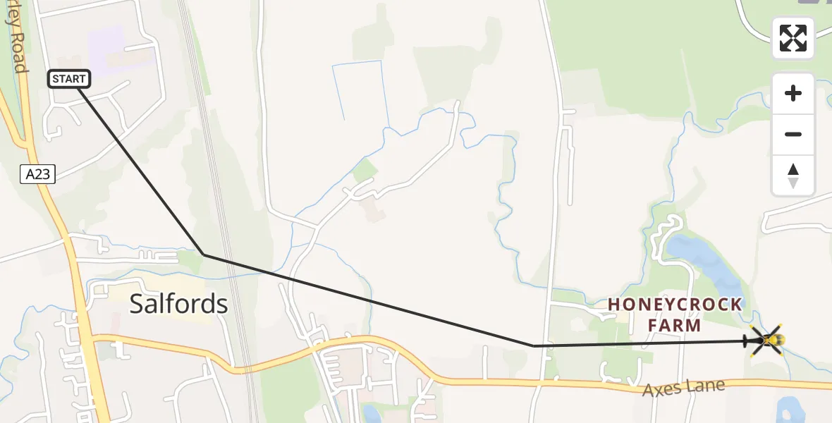 Flight route map: Police Helicopter to Salfords, Axes Lane