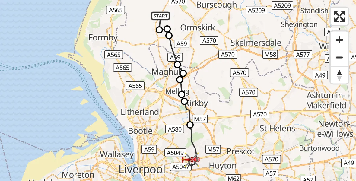 Flight route map: Air Ambulance Helicopter to Liverpool, Liverpool