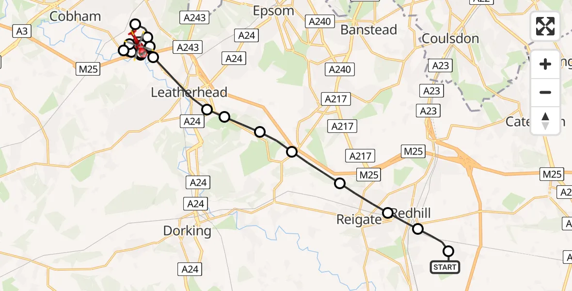 Flight route map: Air Ambulance Helicopter to Stoke D'Abernon, Woodlands Lane