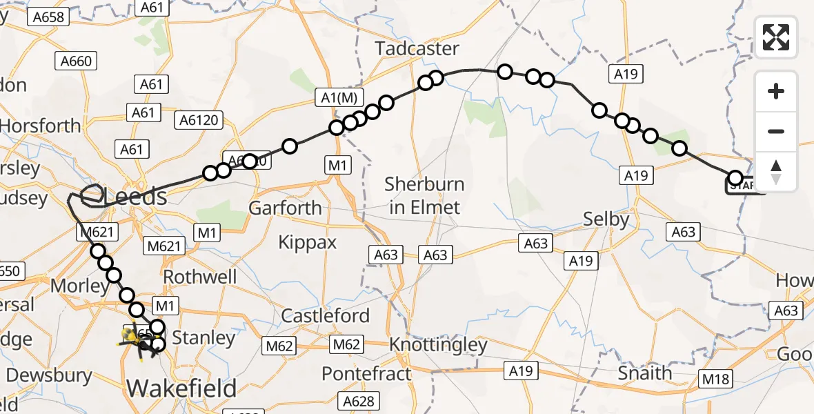 Flight route map: Police Helicopter to East Ardsley, Stoney Lane