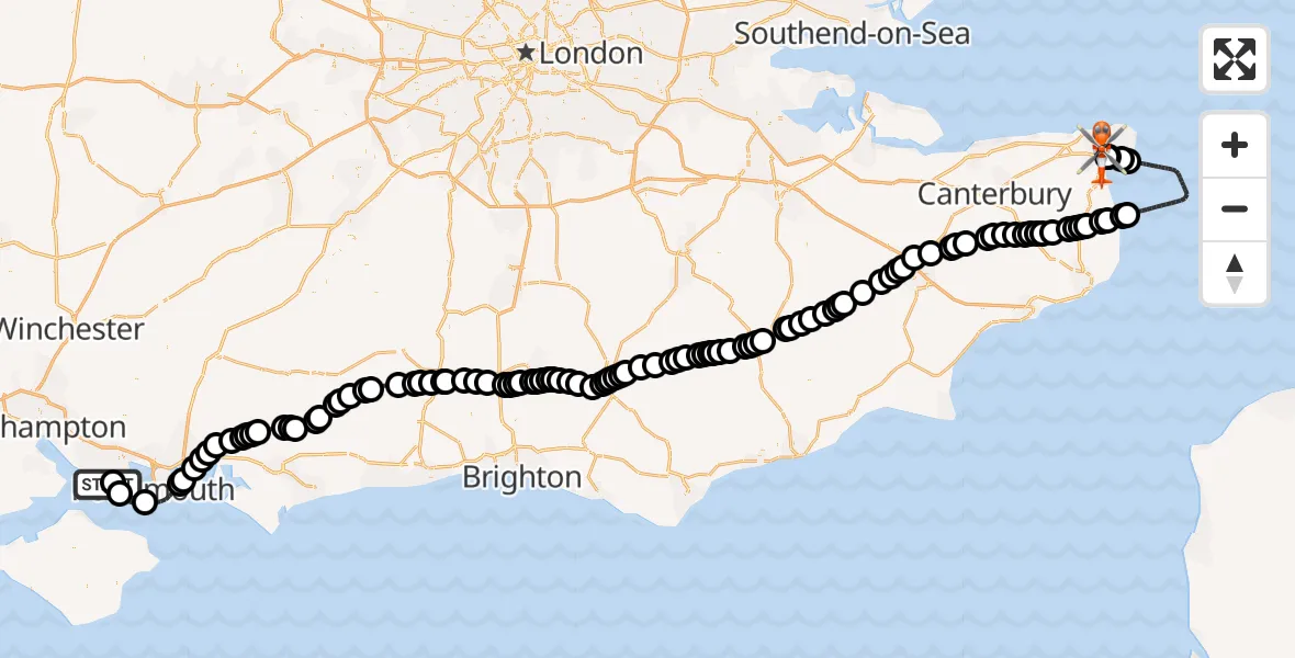 Flight route map: Coastguard Helicopter to Manston Airport, Manston Airport