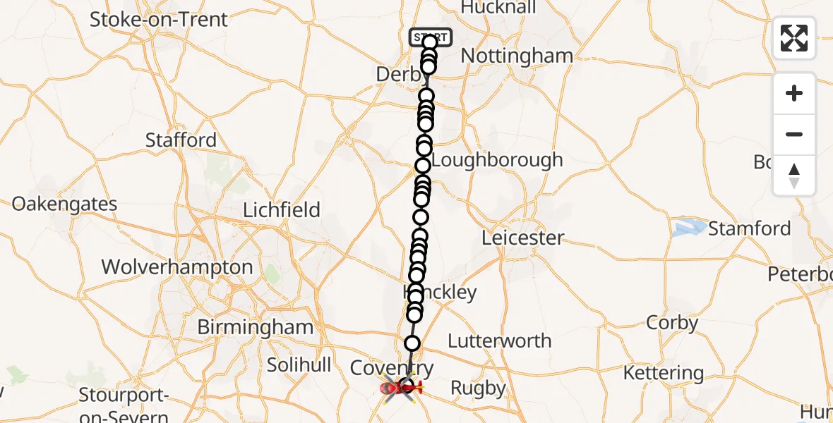 Routekaart van de vlucht: Air Ambulance Helicopter to Coventry Airport, Coventry Airport