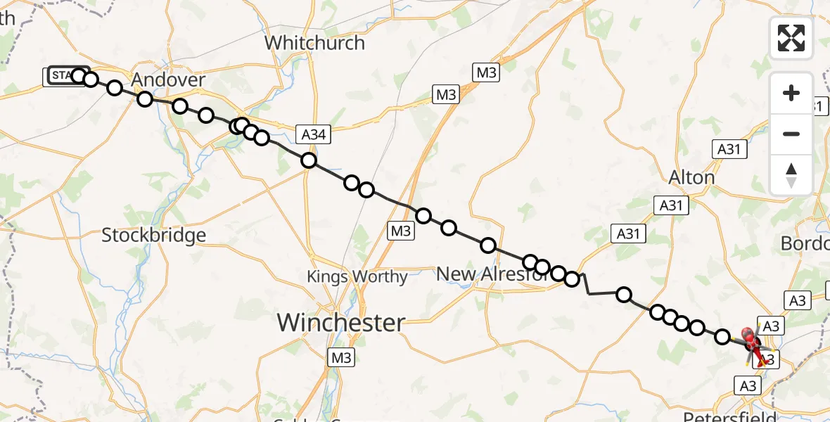 Flight route map: Air Ambulance Helicopter to West Liss, Hawkley Road