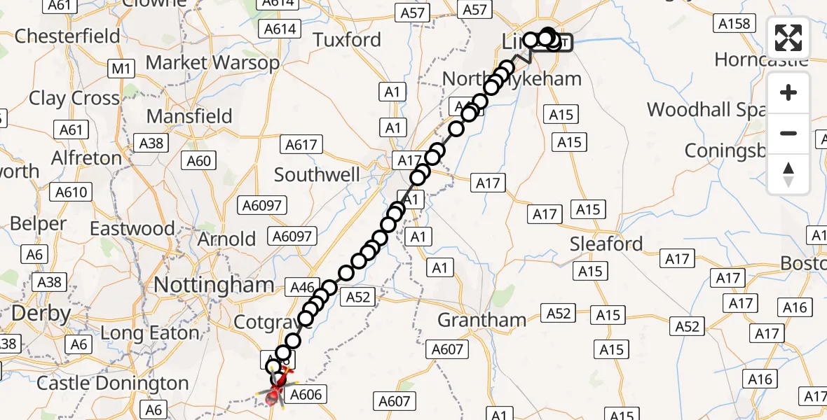 Routekaart van de vlucht: Air Ambulance Helicopter to Nottingham Heliport, Nottingham Heliport