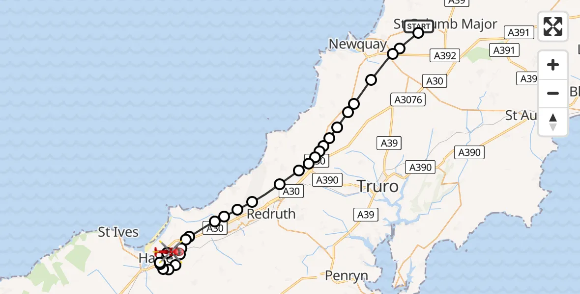 Flight route map: Air Ambulance Helicopter to Angarrack, A30