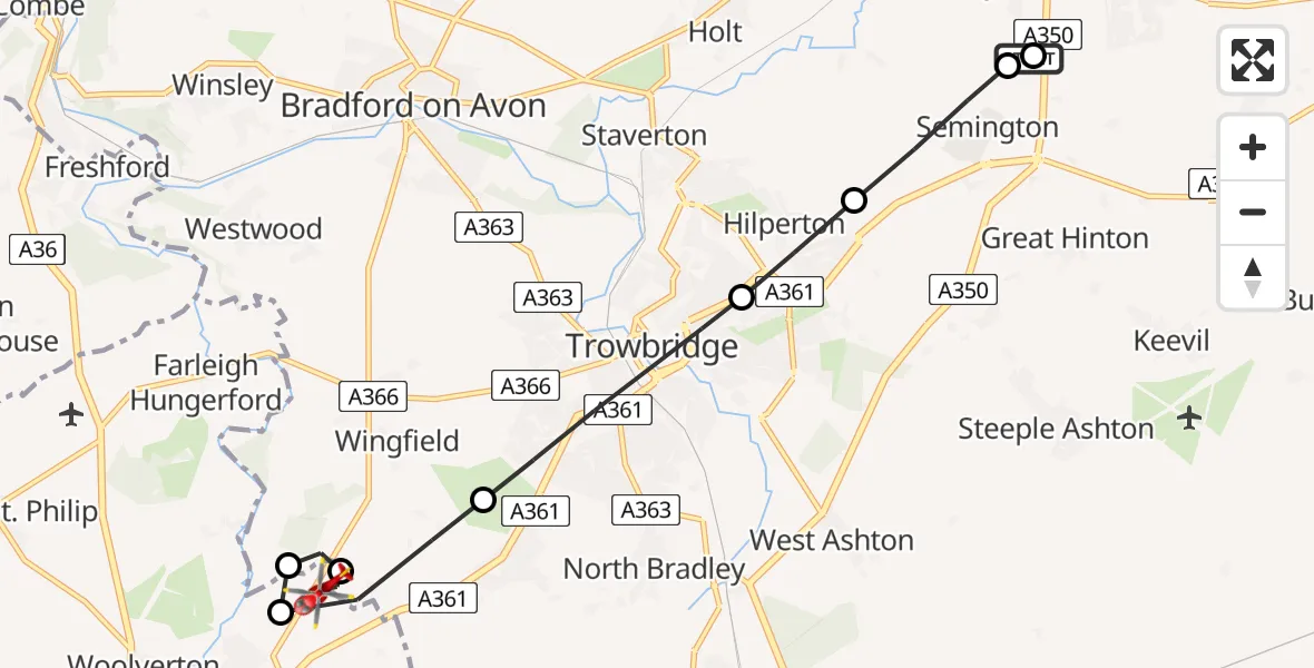 Flight route map: Air Ambulance Helicopter to Rode, Bradford Road