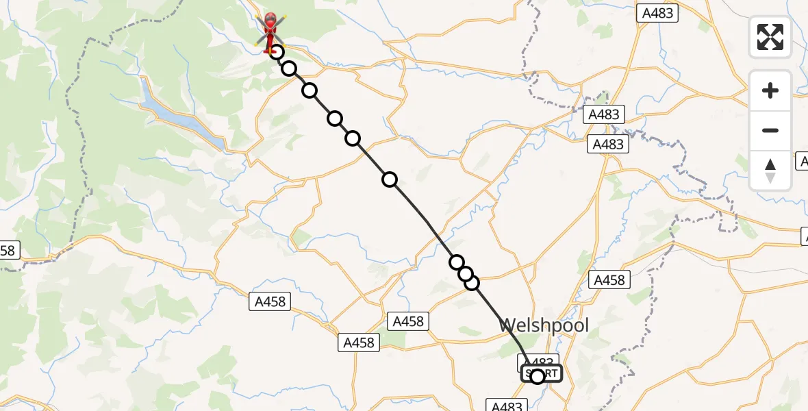 Flight route map: Air Ambulance Helicopter to Llangynog, B4391