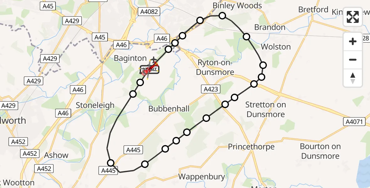 Flight route map: Air Ambulance Helicopter to Coventry Airport, Coventry Airport