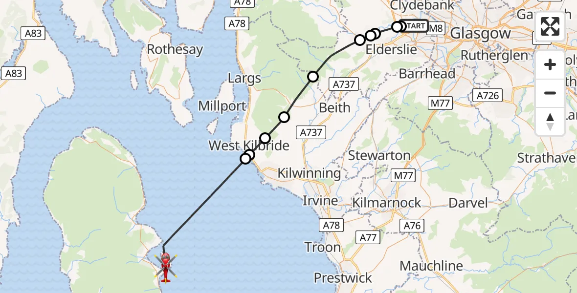 Flight route map: Air Ambulance Helicopter to Inner Seas, Inner Seas