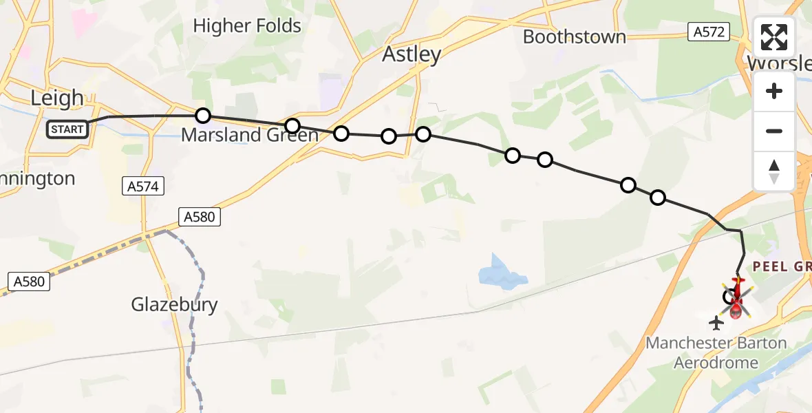 Routekaart van de vlucht: Air Ambulance Helicopter to Manchester Barton Aerodrome, Manchester Barton Aerodrome