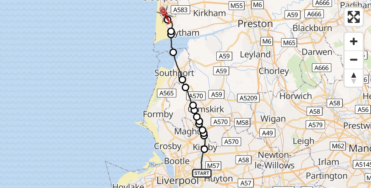 Routekaart van de vlucht: Air Ambulance Helicopter to Blackpool Airport, Blackpool Airport