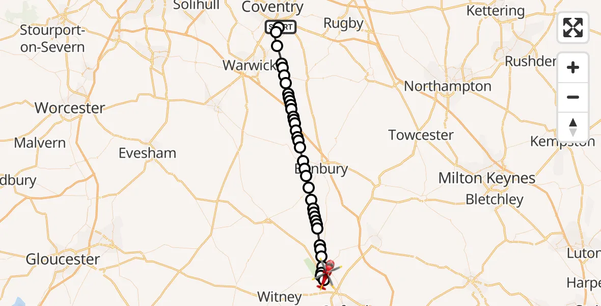 Flight route map: Air Ambulance Helicopter to London Oxford Airport, London Oxford Airport