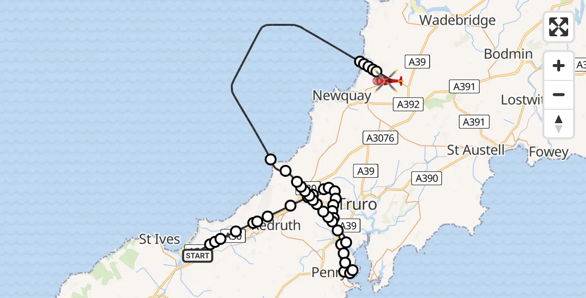 Routekaart van de vlucht: Air Ambulance Helicopter to Cornwall Airport Newquay, Cornwall Airport Newquay