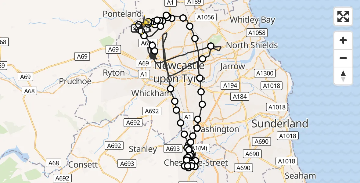 Flight route map: Police Helicopter to Newcastle International Airport, Newcastle International Airport