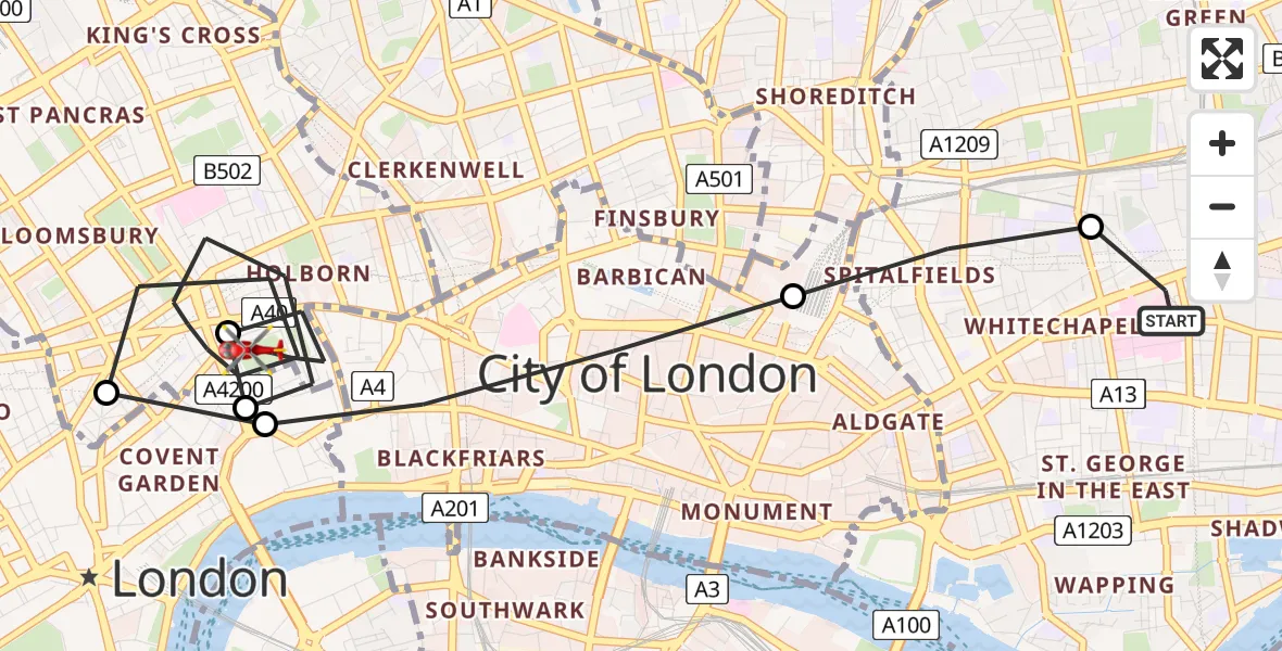 Flight route map: Air Ambulance Helicopter to London Borough of Camden, Lincoln's Inn Fields