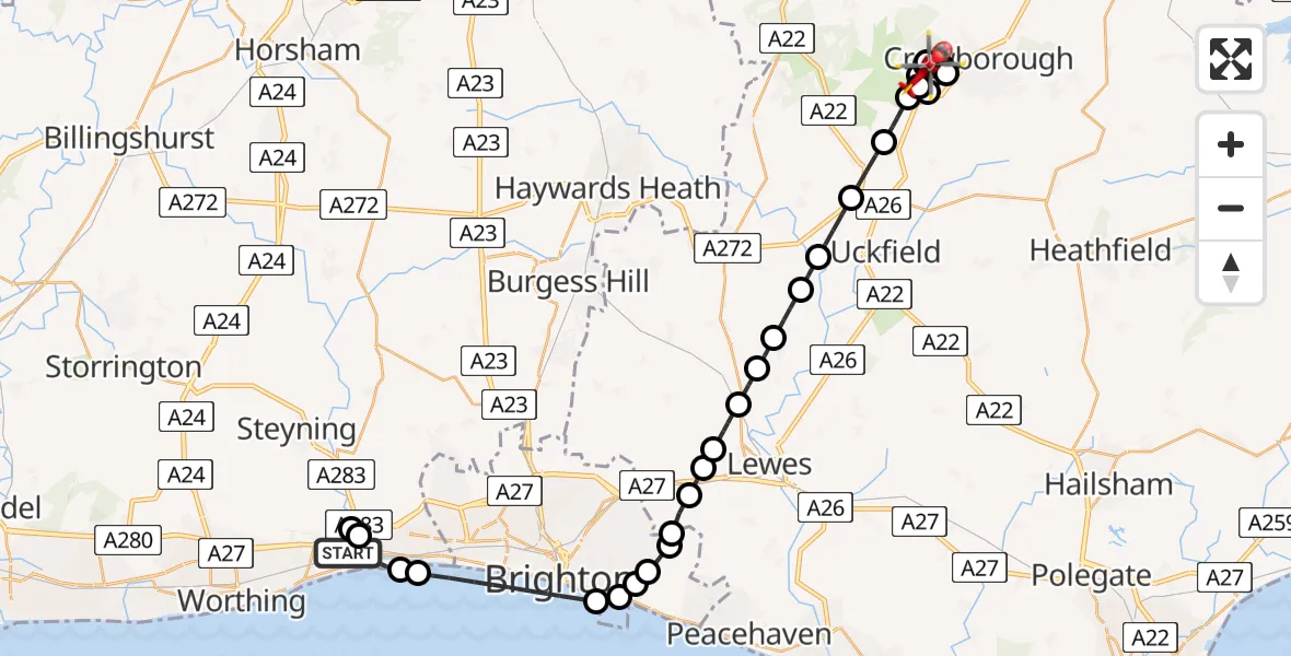 Routekaart van de vlucht: Air Ambulance Helicopter to Wealden, Warren Road