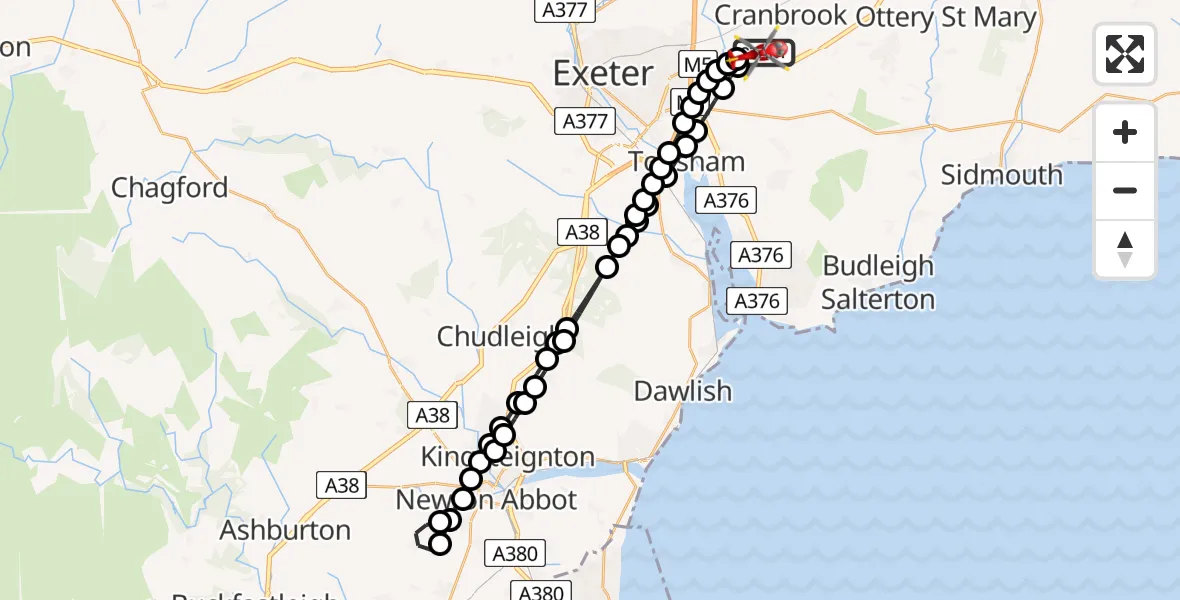 Flight route map: Air Ambulance Helicopter to Exeter International Airport, Exeter International Airport