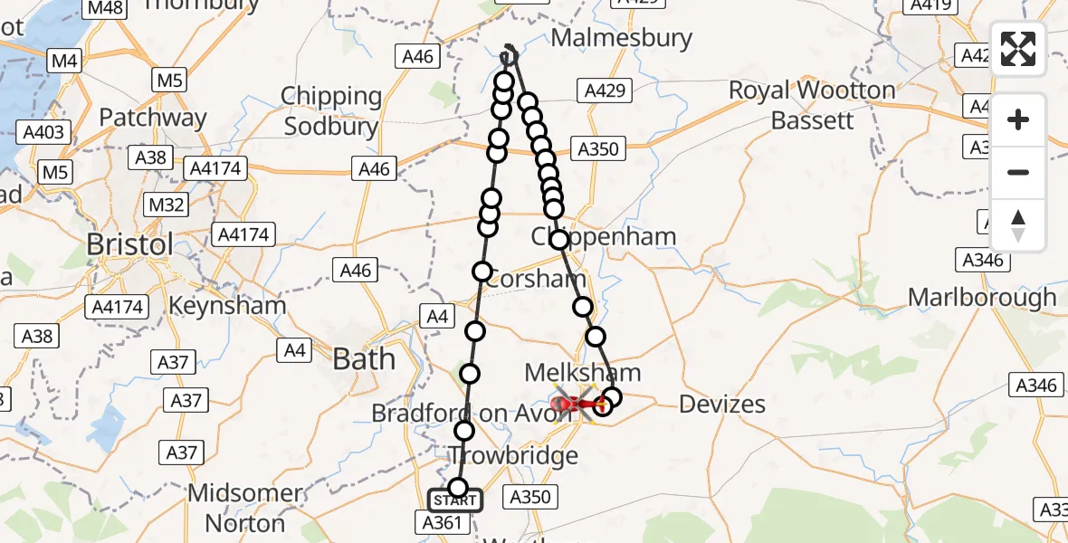 Routekaart van de vlucht: Air Ambulance Helicopter to Melksham, Commerce Way