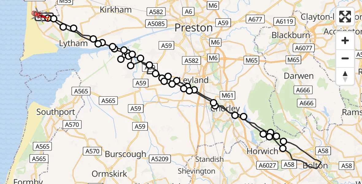 Flight route map: Air Ambulance Helicopter to Blackpool Airport, Blackpool Airport