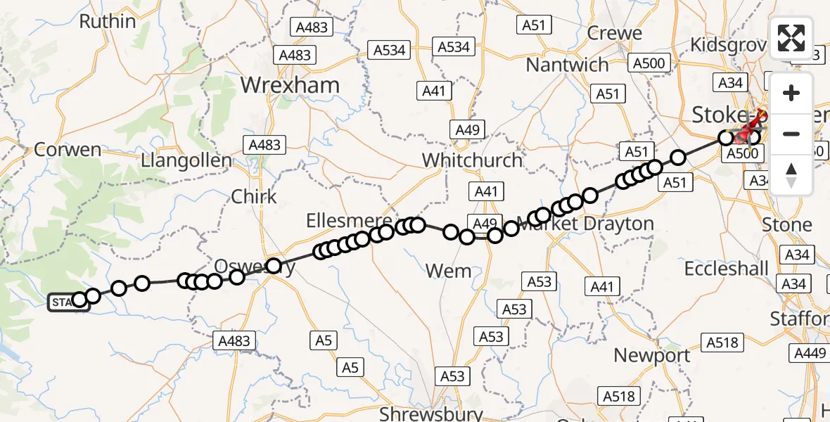 Routekaart van de vlucht: Air Ambulance Helicopter to University Hospital North Staffs, University Hospital North Staffs