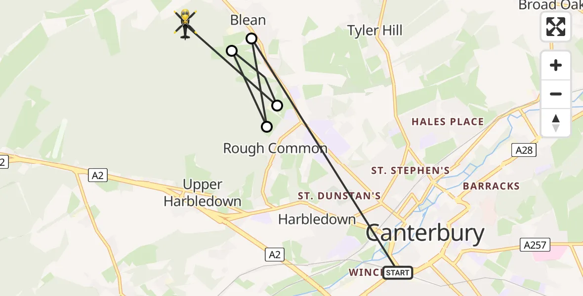 Flight route map: Police Helicopter to Blean, Denstroude Lane