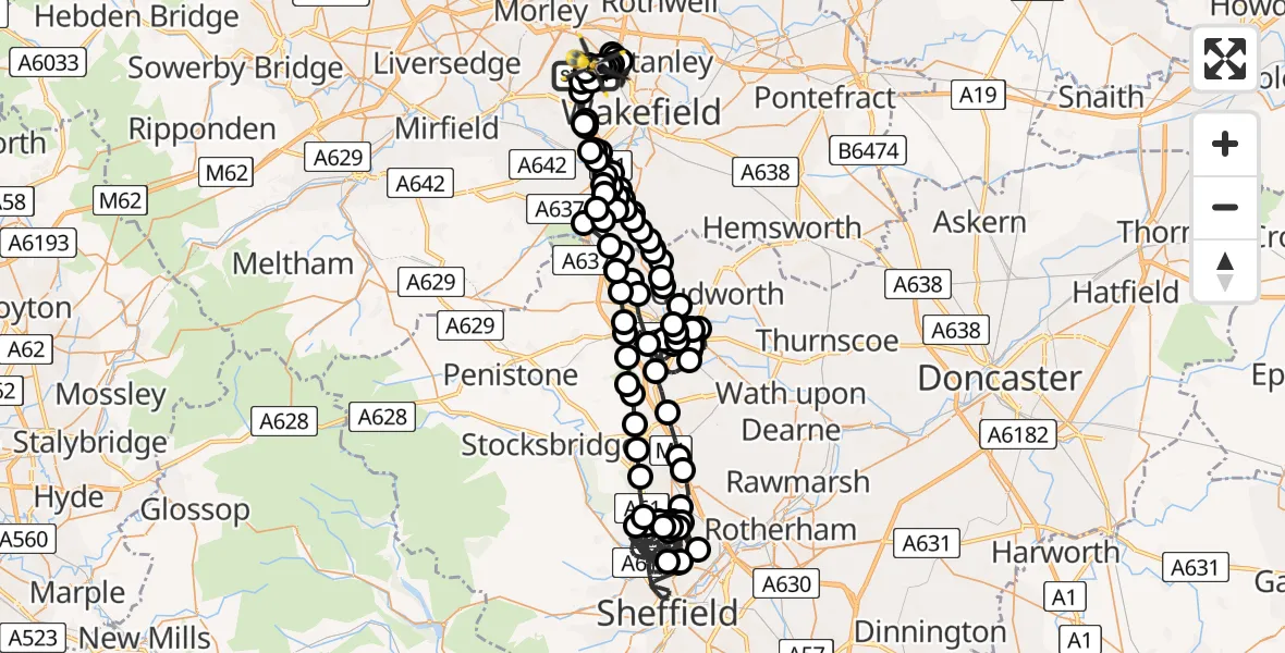 Routekaart van de vlucht: Police Helicopter to East Ardsley, Stoney Lane