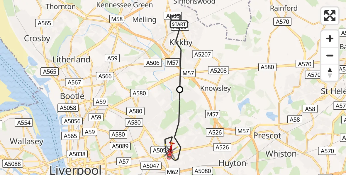Flight route map: Air Ambulance Helicopter to Liverpool, South Drive