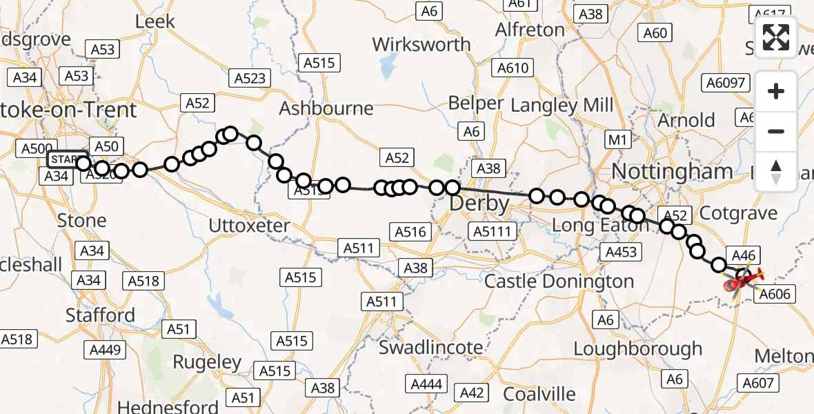 Routekaart van de vlucht: Air Ambulance Helicopter to Nottingham Heliport, Nottingham Heliport