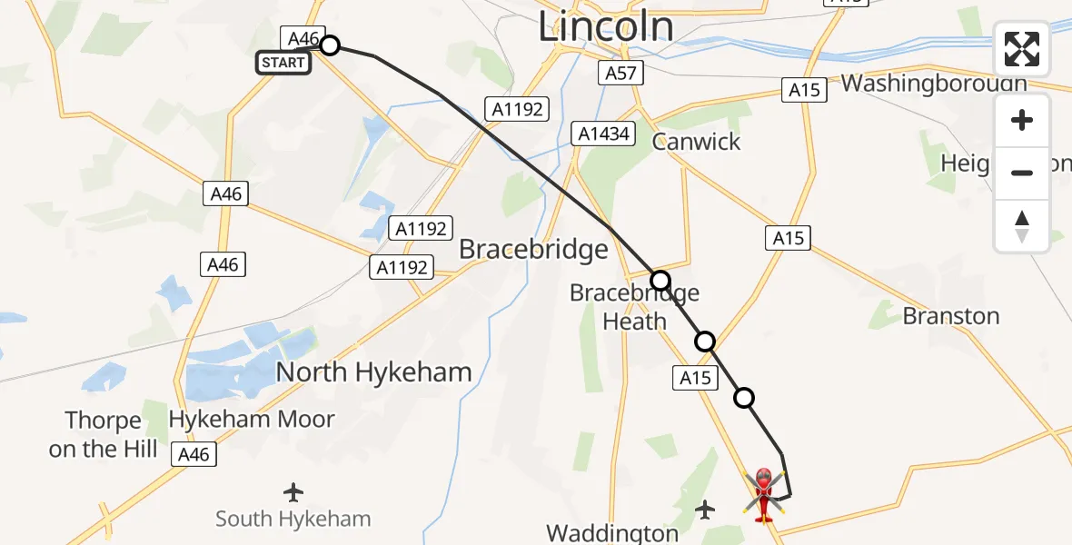 Routekaart van de vlucht: Air Ambulance Helicopter to North Kesteven, Sleaford Road
