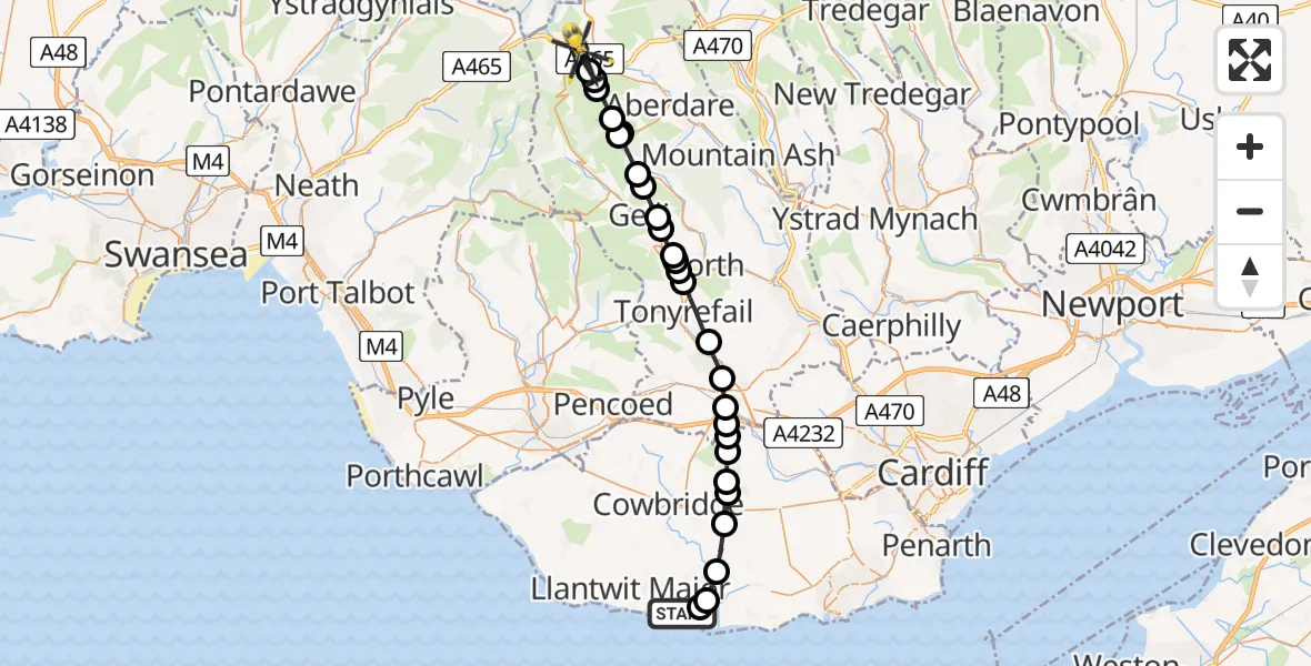 Routekaart van de vlucht: Police Helicopter to Rhigos, Rhigos