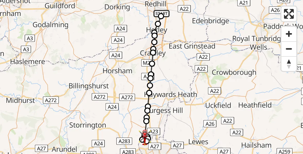Flight route map: Air Ambulance Helicopter to Poynings, Devil's Dyke Road