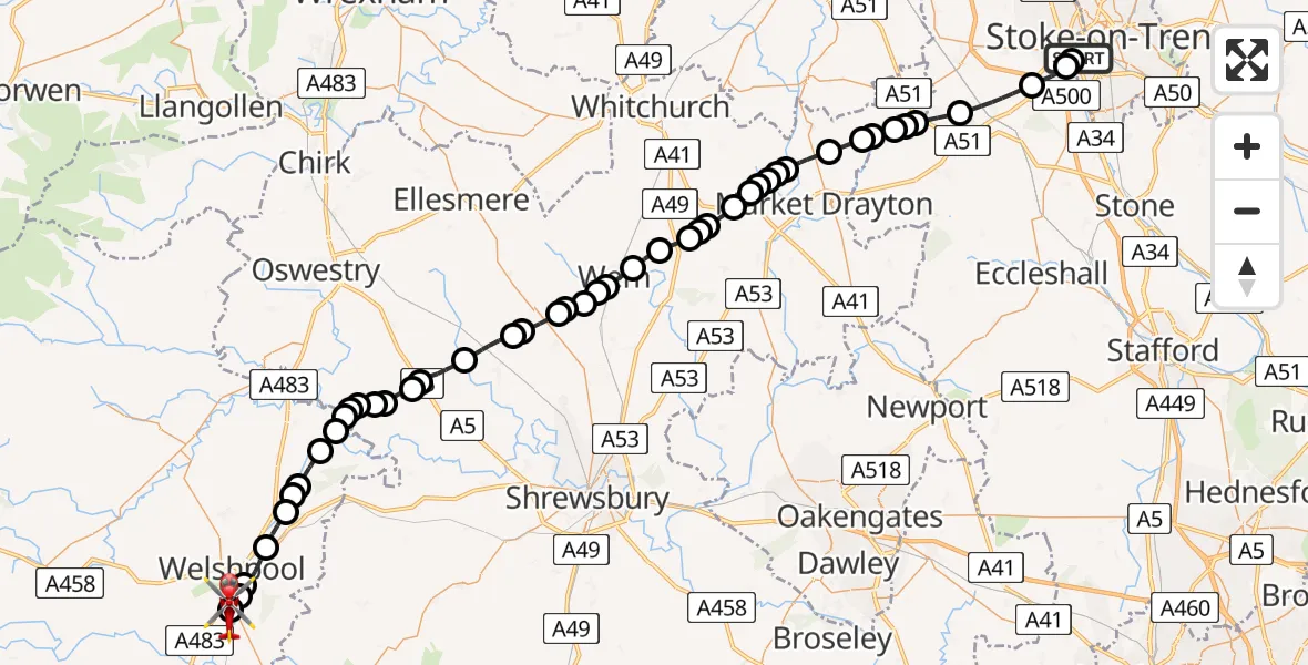 Flight route map: Air Ambulance Helicopter to Welshpool Airport, Welshpool Airport