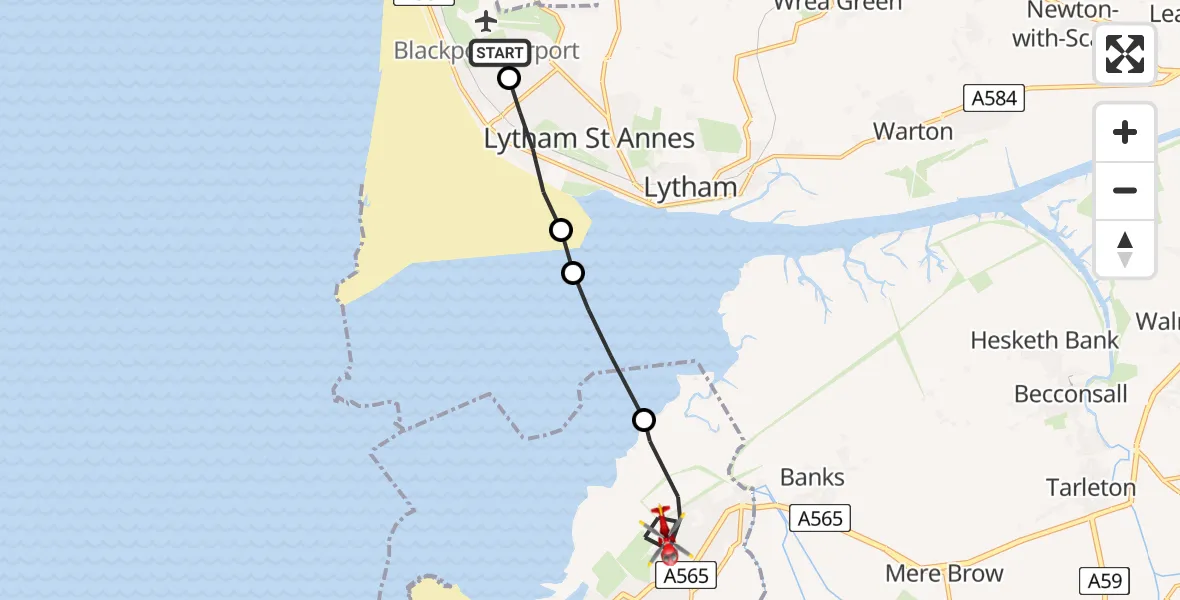 Flight route map: Air Ambulance Helicopter to Sefton, Fleetwood Road