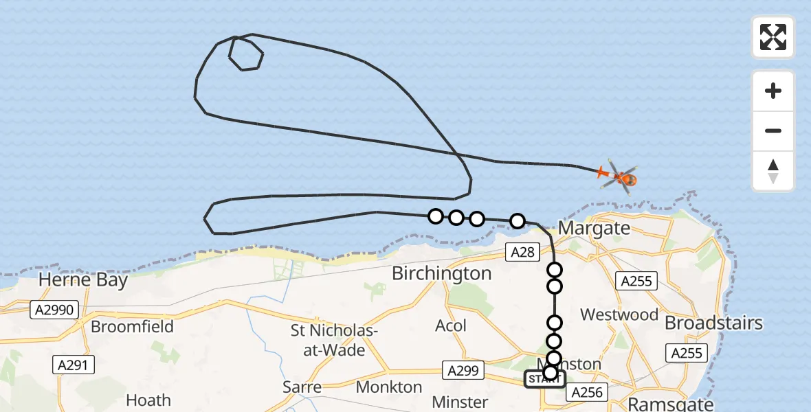 Flight route map: Coastguard Helicopter to North Sea, North Sea