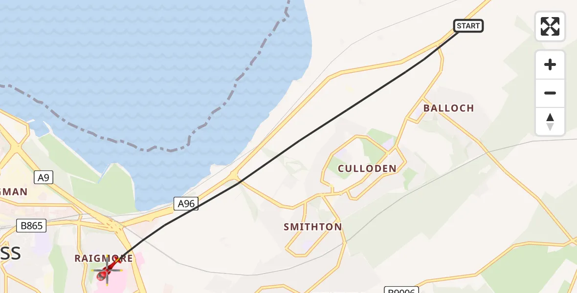 Flight path map showing Air Ambulance Helicopter route from Inverness to Inverness