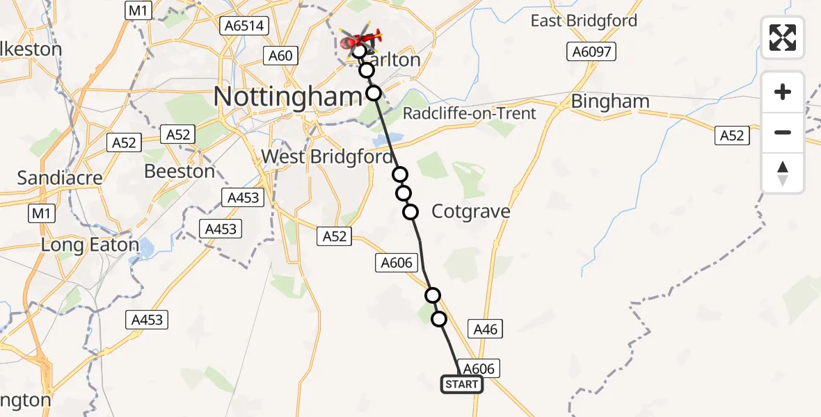 Routekaart van de vlucht: Air Ambulance Helicopter to Carlton, Coningswath Road