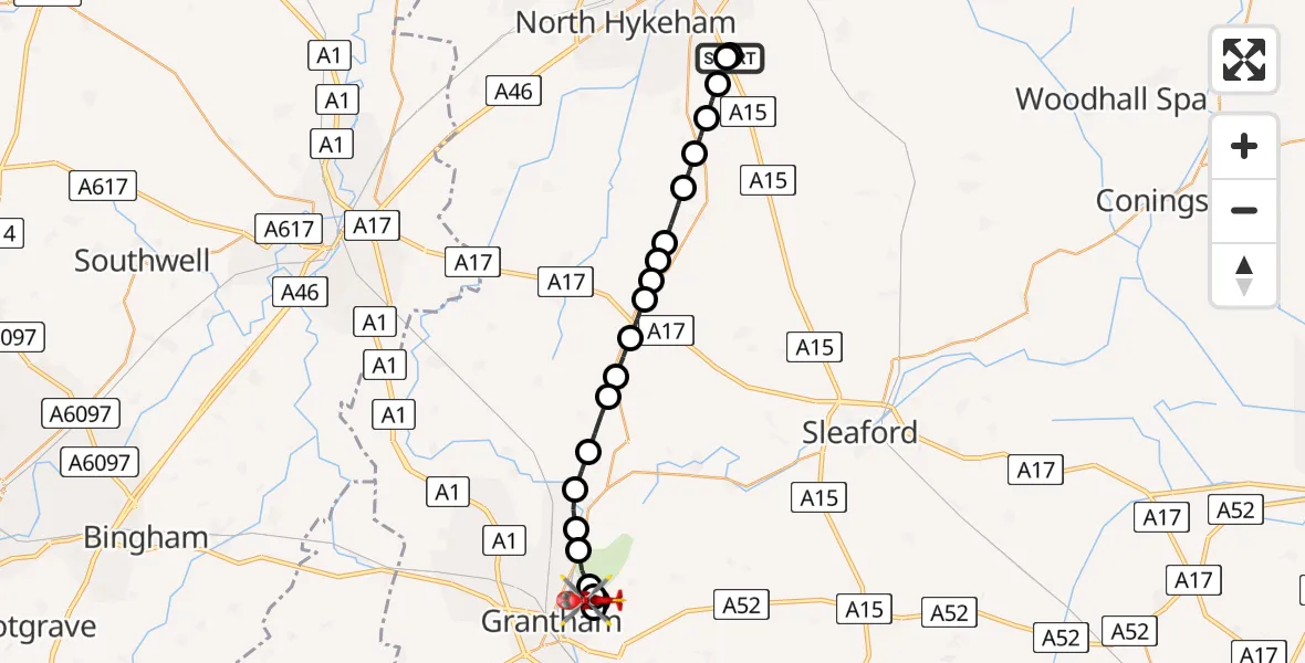 Routekaart van de vlucht: Air Ambulance Helicopter to Manthorpe, Woodbrook