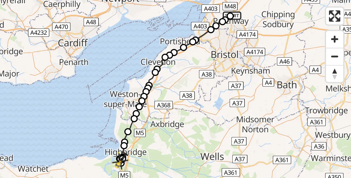 Routekaart van de vlucht: Police Helicopter to Huntspill, Pawlett Road