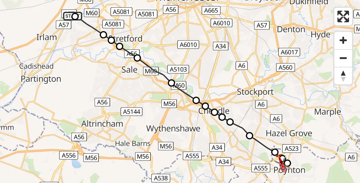 Flight route map: Air Ambulance Helicopter to Poynton, Dundrennan Close