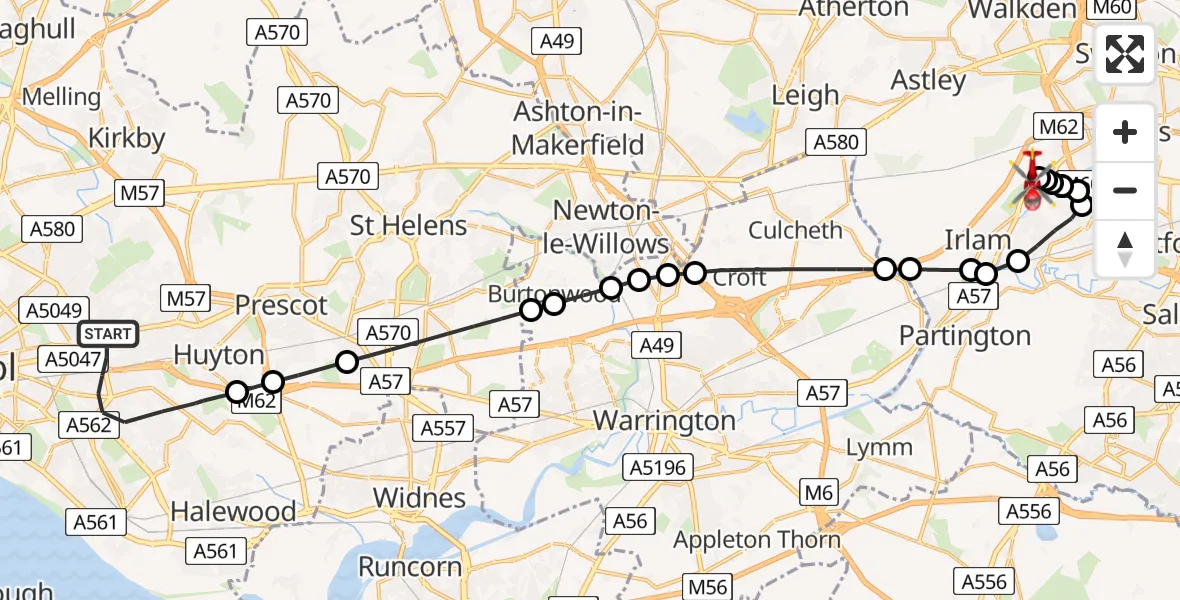 Flight route map: Air Ambulance Helicopter to Manchester Barton Aerodrome, Manchester Barton Aerodrome
