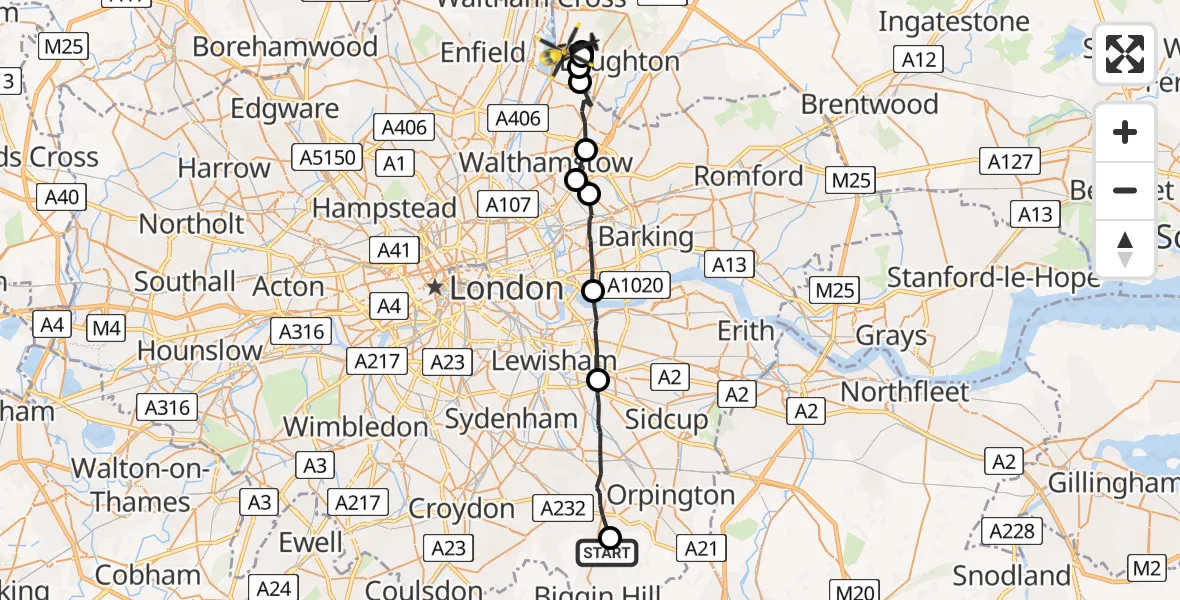 Flight route map: Police Helicopter to Sewardstonebury, Daws Hill