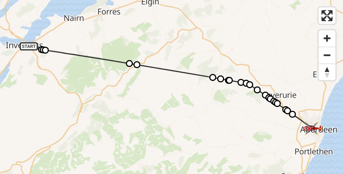 Flight route map: Air Ambulance Helicopter to Aberdeen City, Westburn Drive